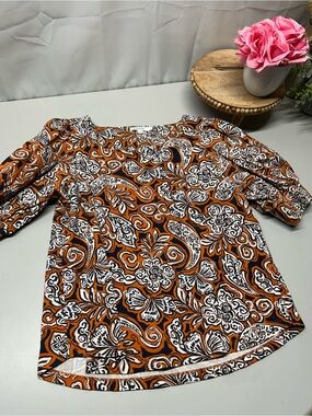 Chico's Orange Black & White Paisley Floral Blouse